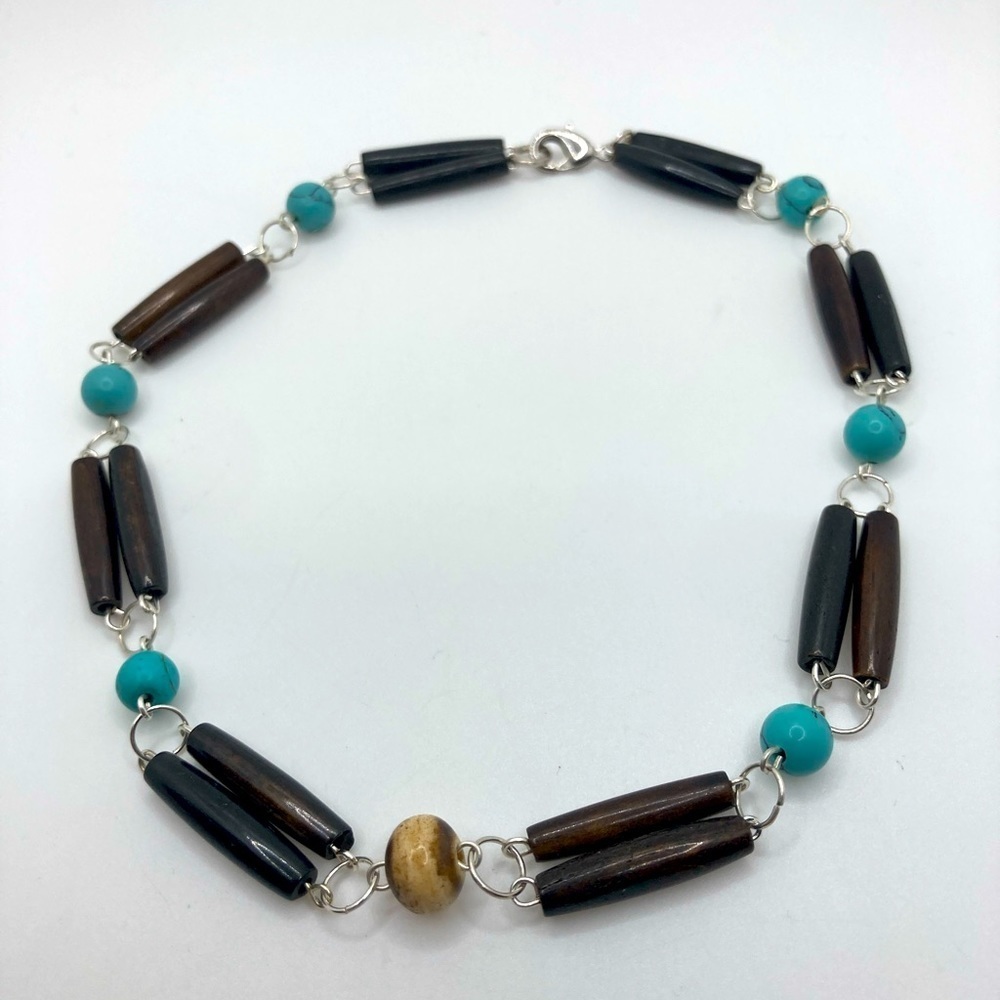 Vtg Wooden Tube & Blue Glass Bead Choker Necklace Silver Tone Metal 15”